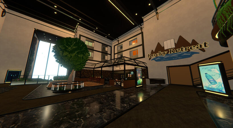 The main room of Rocky Retreat, featuring Peak Cafe.